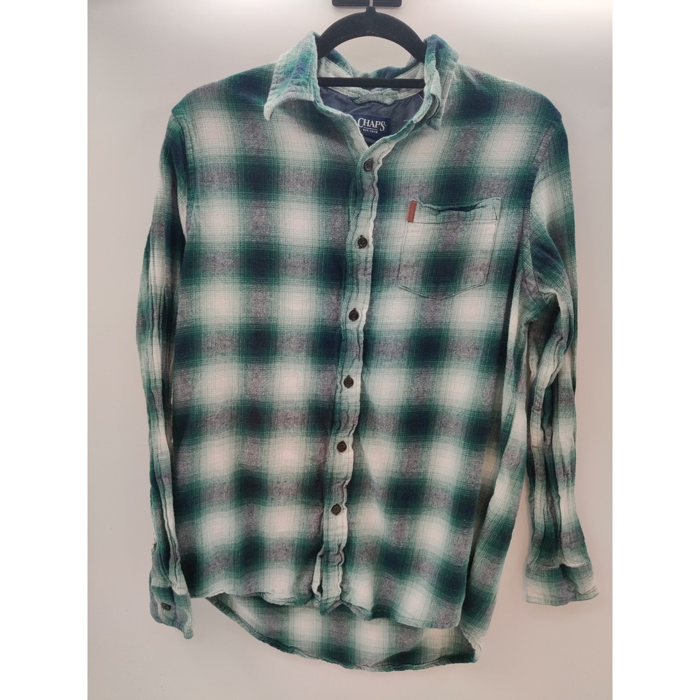 Chaps Mens Brushed Flannel Shirt Large Green White Plaid Long Sleeve Button Up